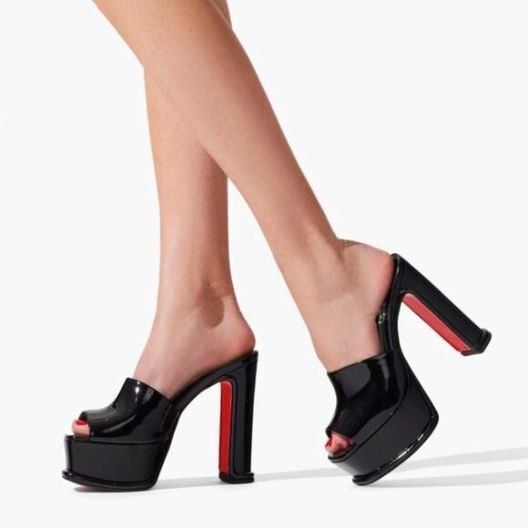 CHRISTIAN LOUBOUTIN Amali Black Patent Leather Mules Size 40 Platform Heels - Picture 3 of 14
